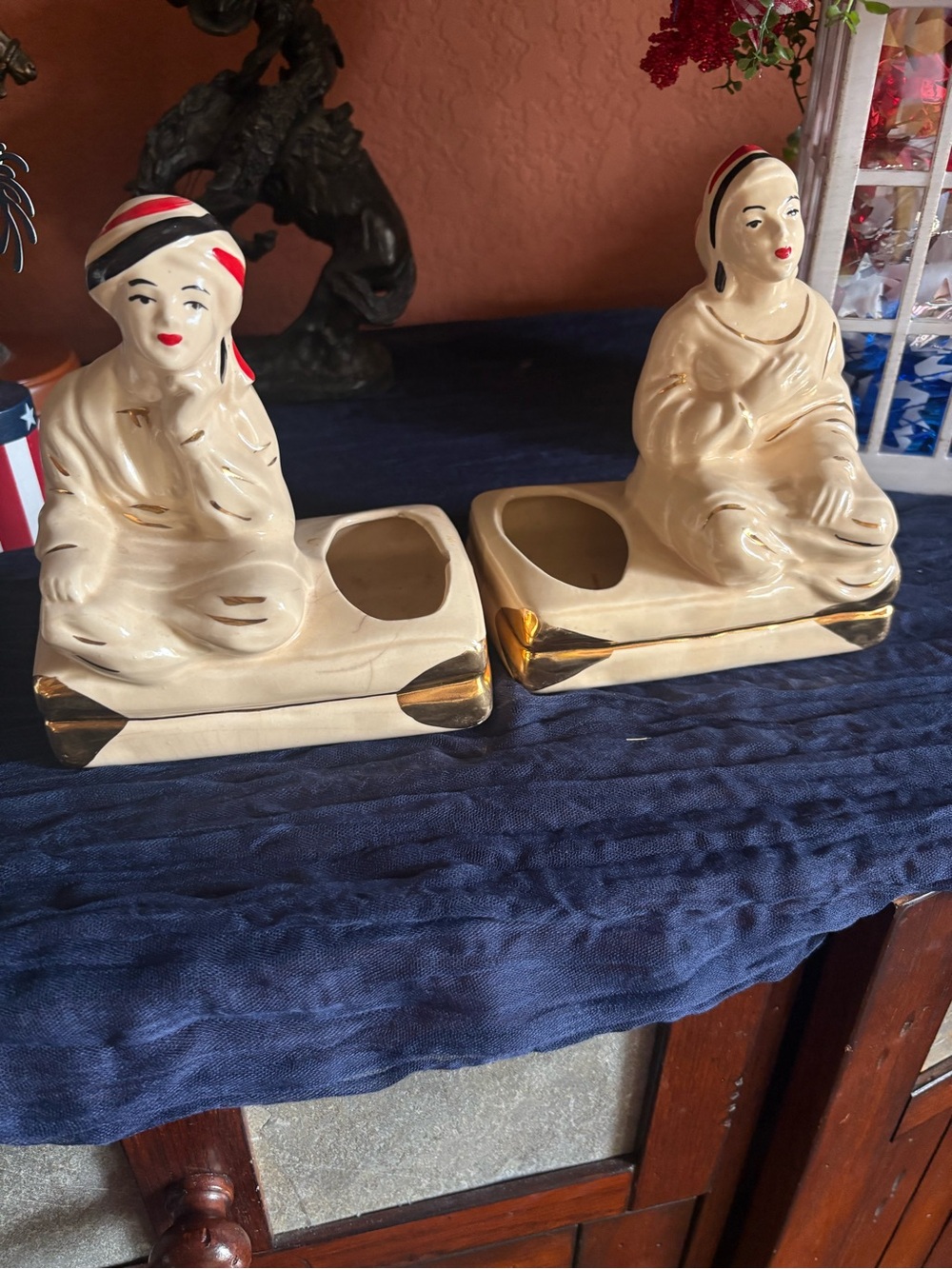 Ceramic Figurine Planter Pair in Cream with Gold Accents